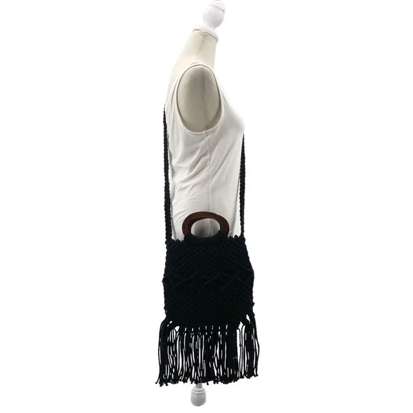 Danielle‎ Nicole Black Fringe Macrame Crochet Boho Hippie Crossbody Satchel Bag - Picture 3 of 7